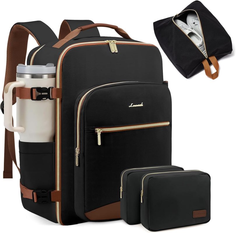 40L Large Travel Backpack for Women Men, 17 Inch Carry on Backpack for Traveling on Airplane, Personal Item Bag Airline Approved, Business Causal Weekender Backpack, Black-Brown