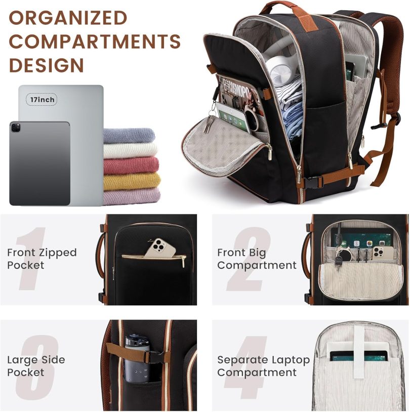 40L Large Travel Backpack for Women Men, 17 Inch Carry on Backpack for Traveling on Airplane, Personal Item Bag Airline Approved, Business Causal Weekender Backpack, Black-Brown - Image 2