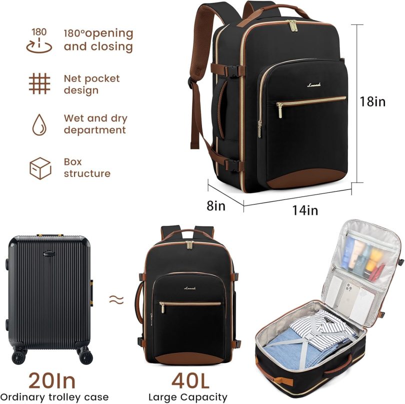 40L Large Travel Backpack for Women Men, 17 Inch Carry on Backpack for Traveling on Airplane, Personal Item Bag Airline Approved, Business Causal Weekender Backpack, Black-Brown - Image 3