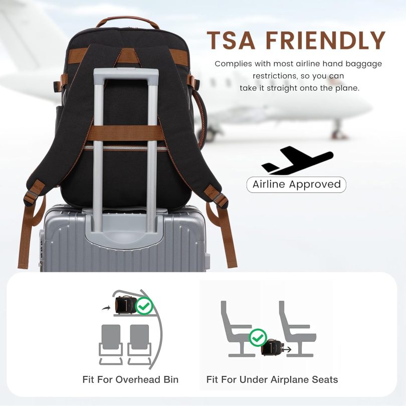 40L Large Travel Backpack for Women Men, 17 Inch Carry on Backpack for Traveling on Airplane, Personal Item Bag Airline Approved, Business Causal Weekender Backpack, Black-Brown - Image 4