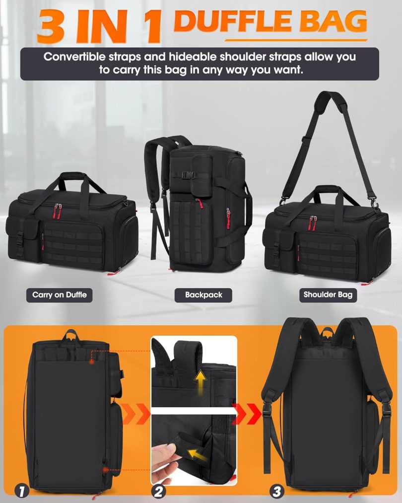 Gym Bag for Men, 45L Sports Travel Duffel Bag with Shoe & Laptop Compartment, Gym Workout Backpack Carry On Weekender Bag Overnight Backpack for Travel, Black - Image 2