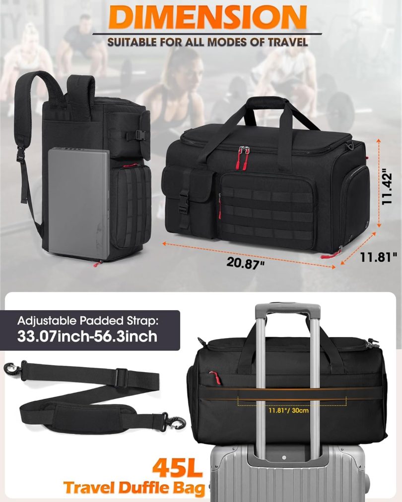 Gym Bag for Men, 45L Sports Travel Duffel Bag with Shoe & Laptop Compartment, Gym Workout Backpack Carry On Weekender Bag Overnight Backpack for Travel, Black - Image 5